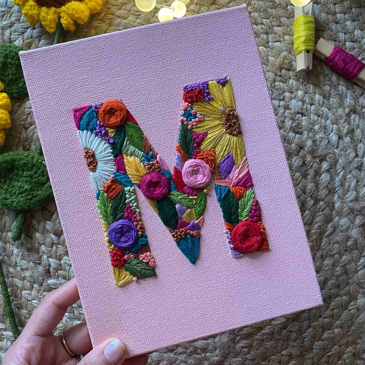 Personalized Hand Embroidered Canvas Initial Floral Monogram Name Plate For Kids