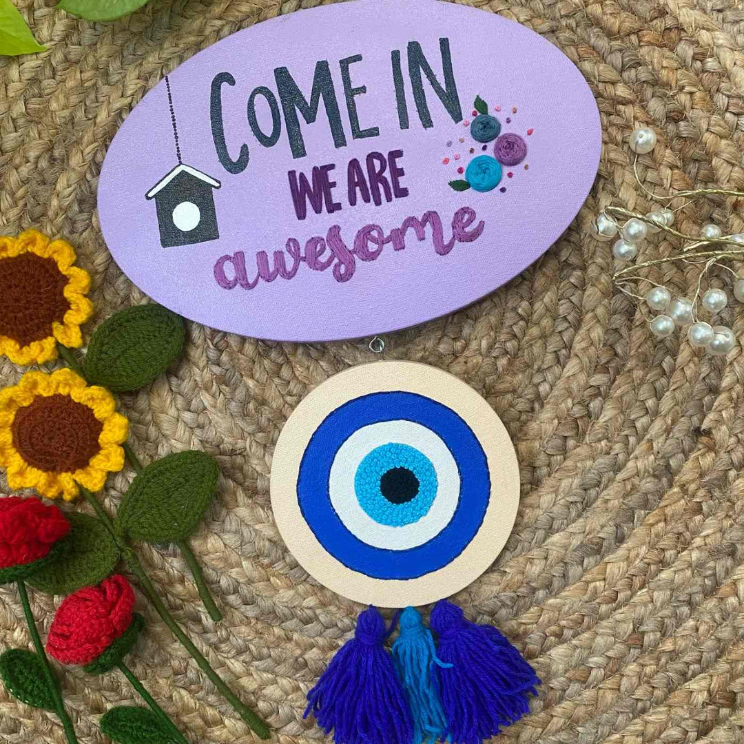 Hand Embroidered Welcome Home Evil Eye Name Plate