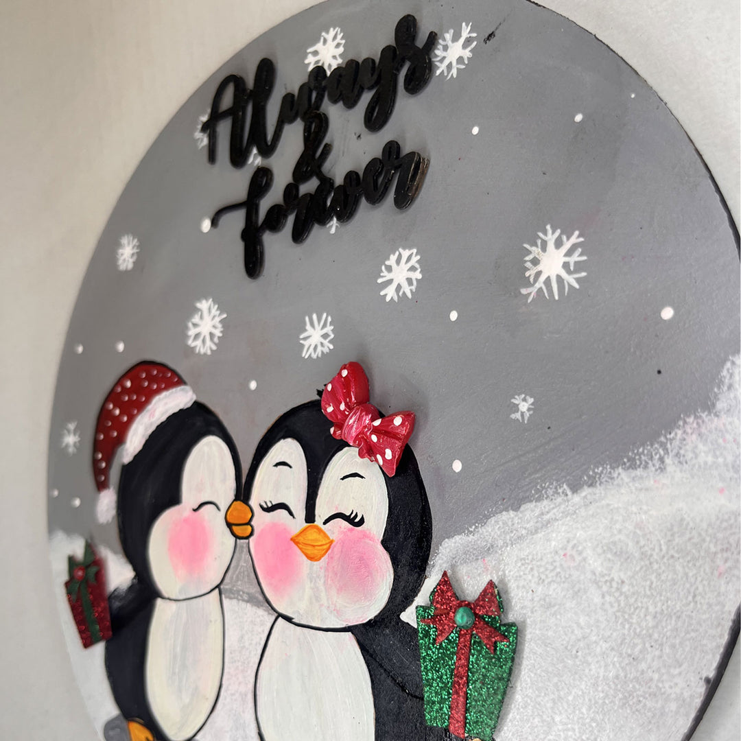 Hand-painted MDF Pengiun Couple Wall Hanging