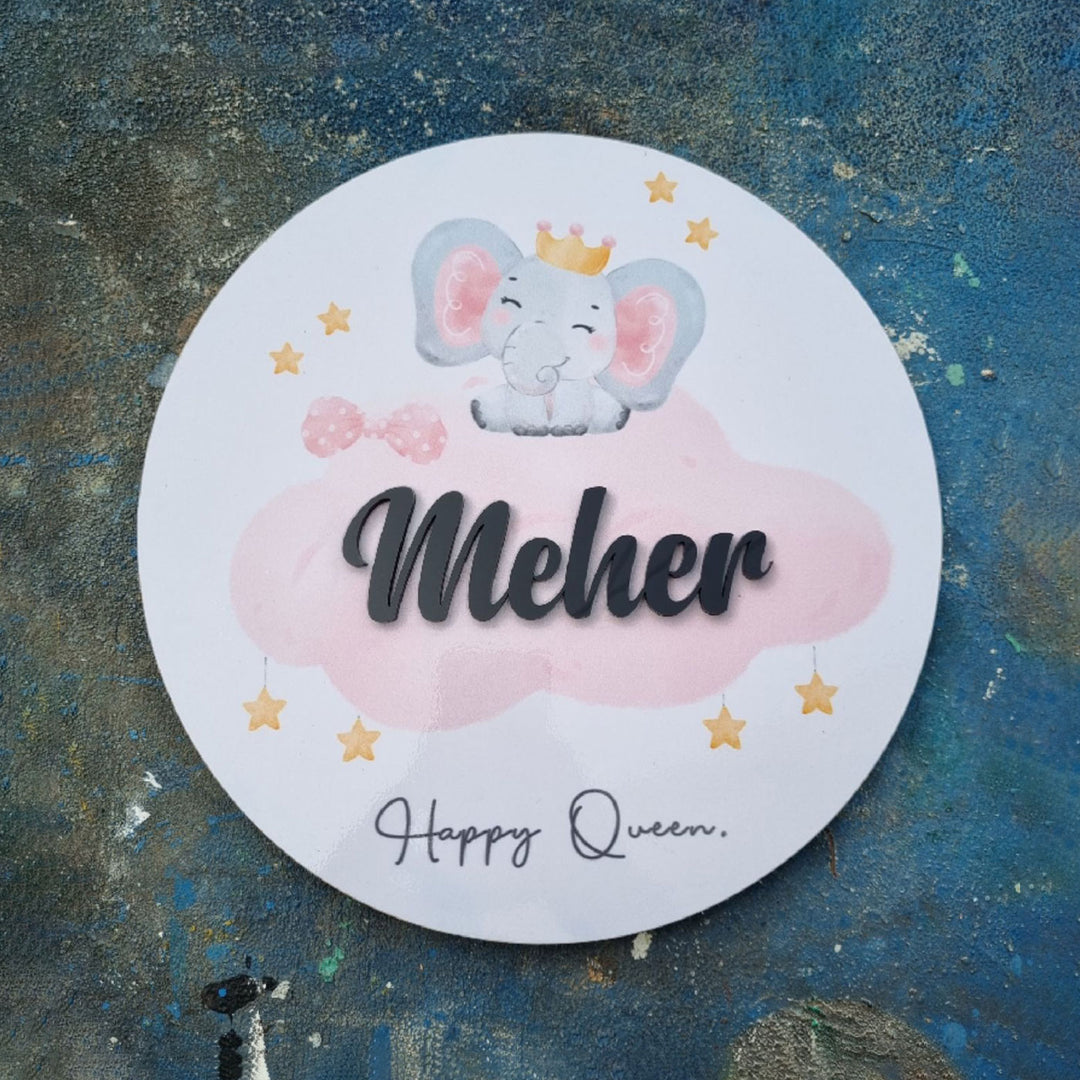 Personalized Elephant Queen Printed Kid's Nameplate with 3D Letters