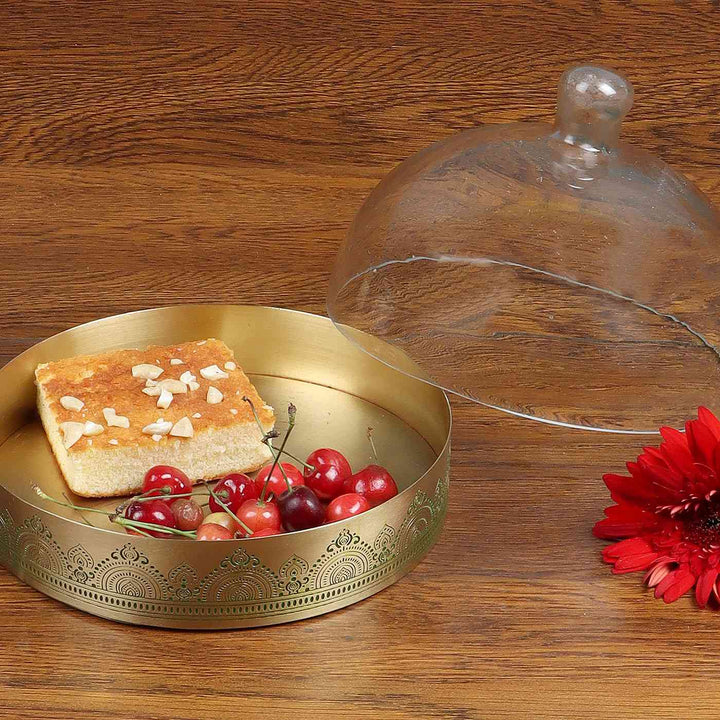 Dohar Handcrafted Brass Cookie & Cake Stand with Glass Cloche