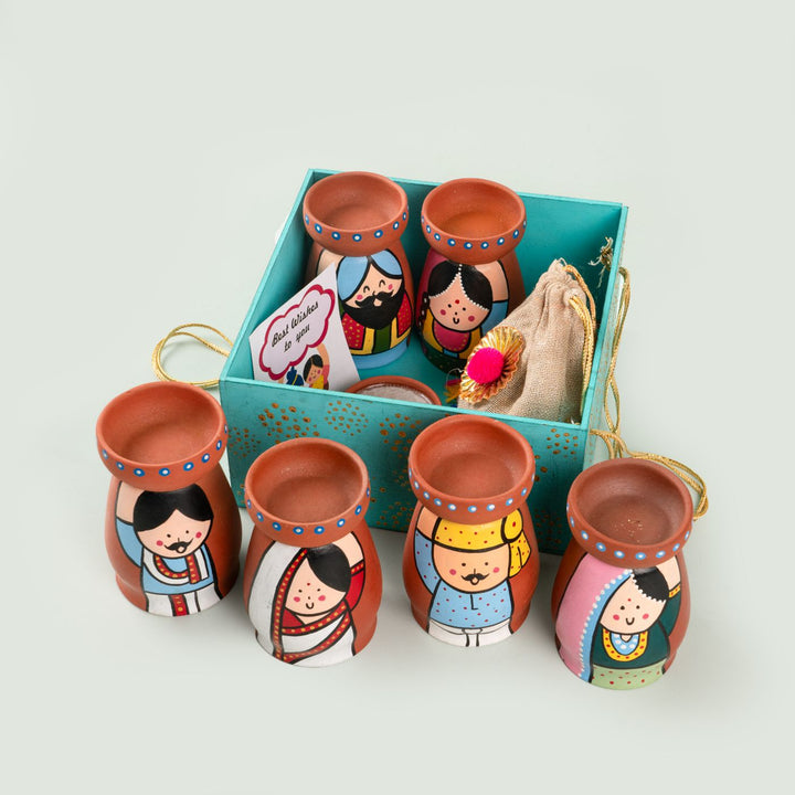 Handpainted Terracotta Tealight Holder Set & Diya Hamper