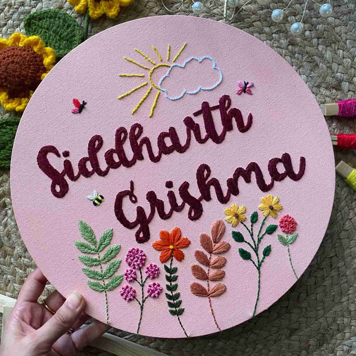 Personalized Hand Embroidered Canvas Round Floral Name Plate