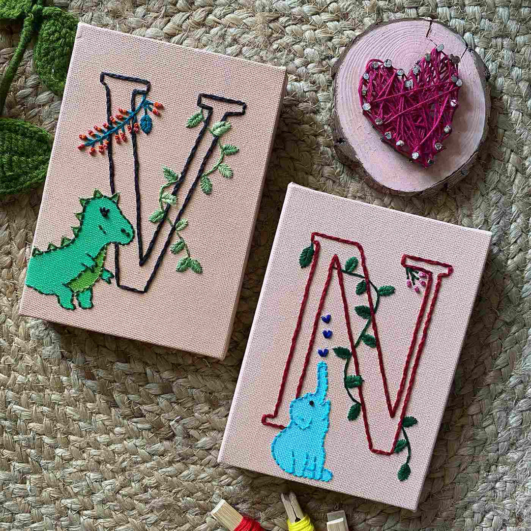 Personalized Hand Embroidered Canvas Initial Monogram Name Plate For Kids