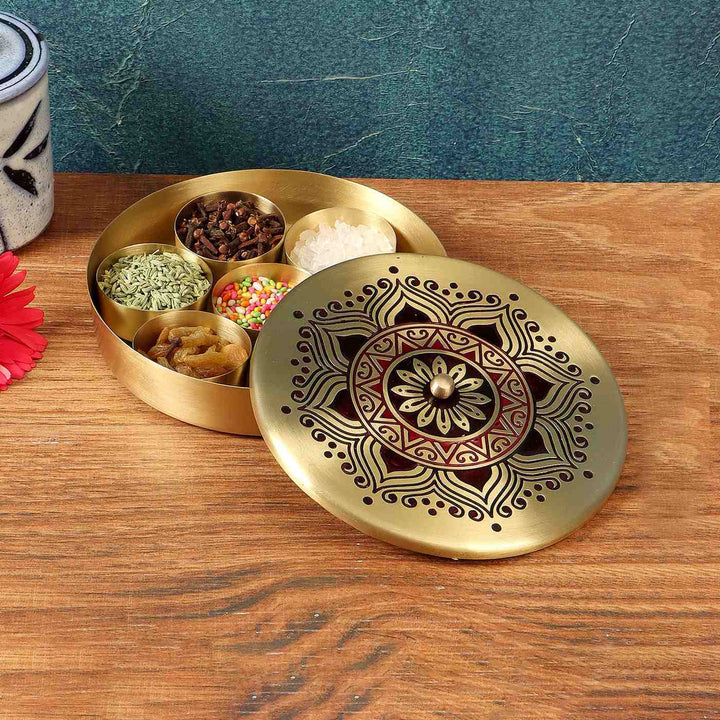 Utsav Handcrafted Brass Masaladan with 7 Bowls