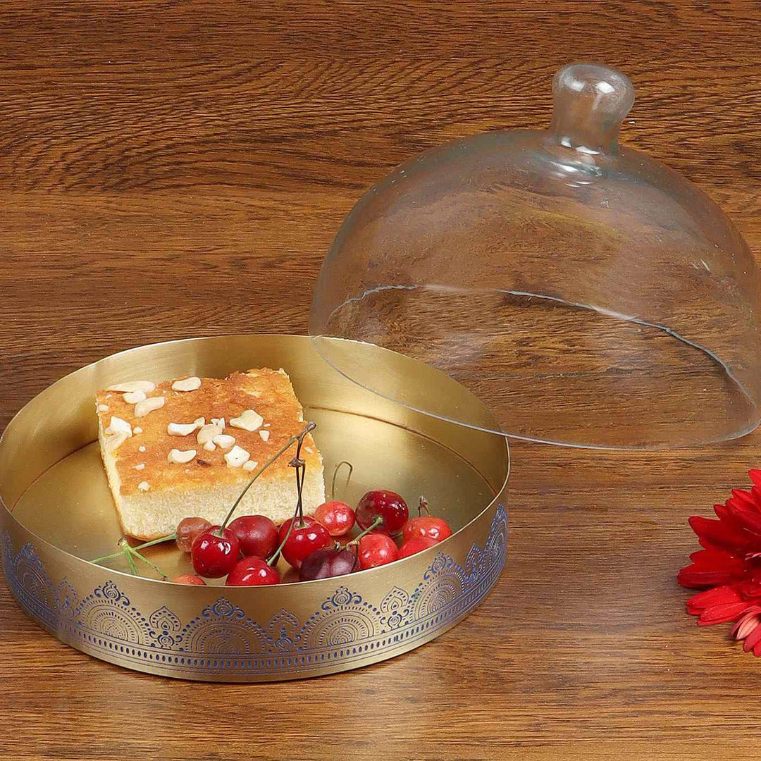 Dohar Handcrafted Brass Cookie & Cake Stand with Glass Cloche