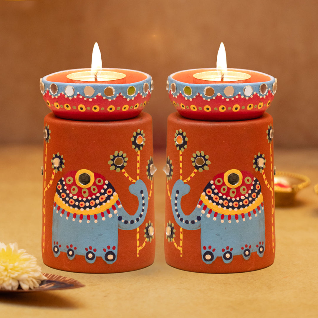 Handpainted Terracotta Tealight Holder Set & Diya Hamper