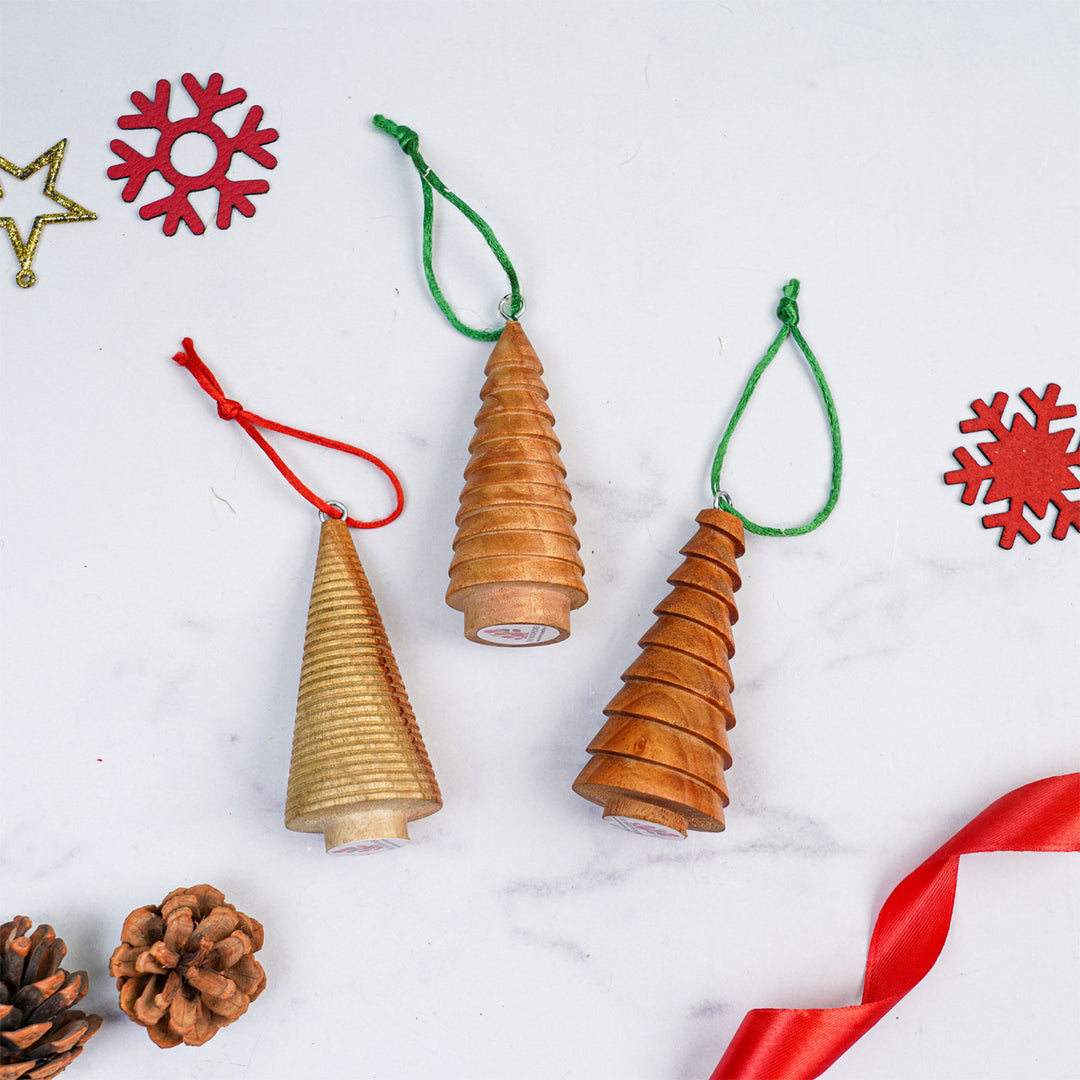 Handcrafted Wooden Christmas Tree Ornaments | Set of 3