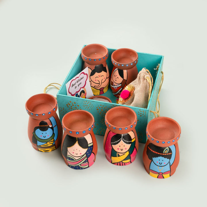 Handpainted Terracotta Tealight Holder Set & Diya Hamper