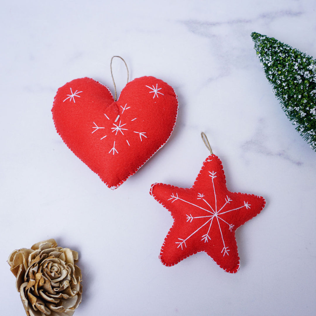 Embroidered Heart & Star Christmas Ornaments | Set of 4