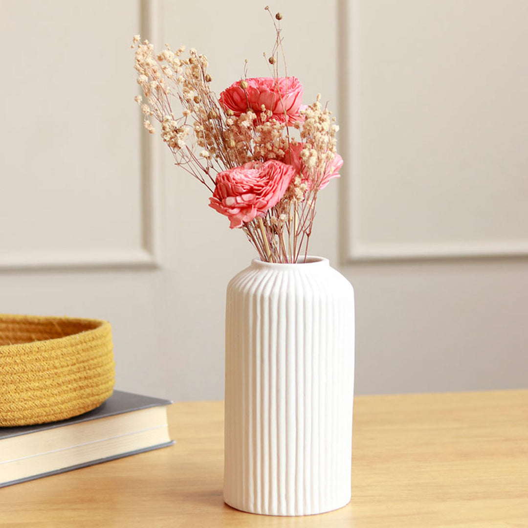 Snow White Ceramic Vase with Dried Ferns Bunch