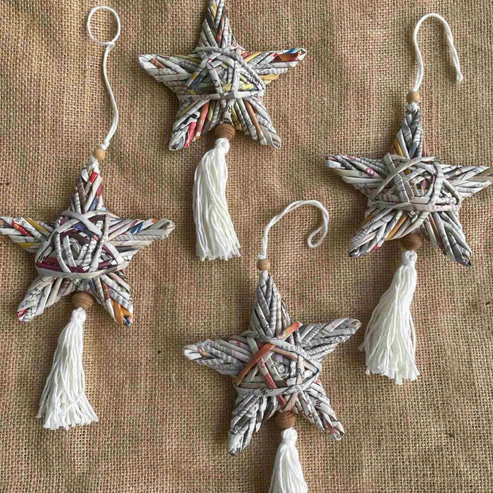 Handmade Upcycled Star Coiled Newspaper Ornaments For Christmas Tree Decoration | Set Of 4