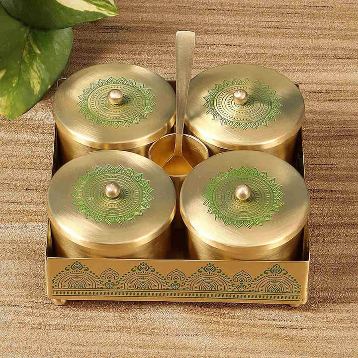 Dohar Handcrafted Brass Condiment Jars with Tray & Spoon