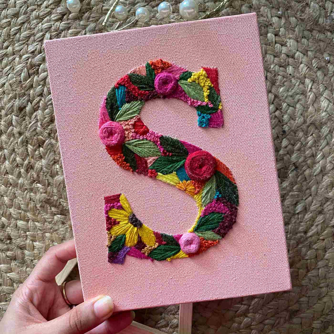 Personalized Hand Embroidered Canvas Initial Floral Monogram Name Plate For Kids