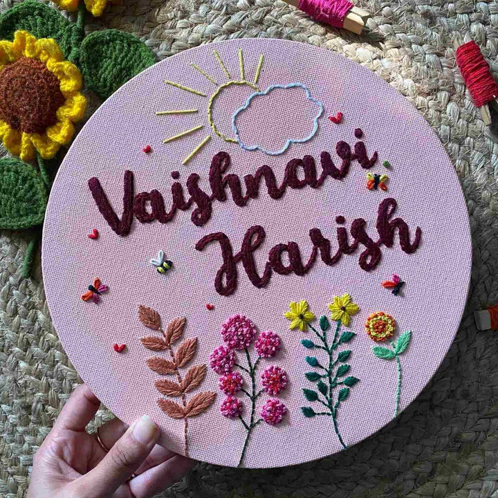 Personalized Hand Embroidered Canvas Round Floral Name Plate