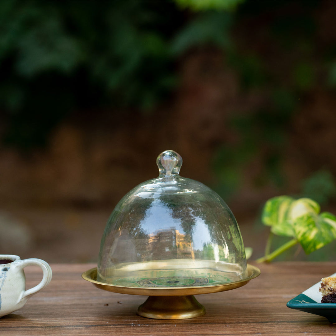 Utsav Handcrafted Brass Cake Stand with Glass Cloche