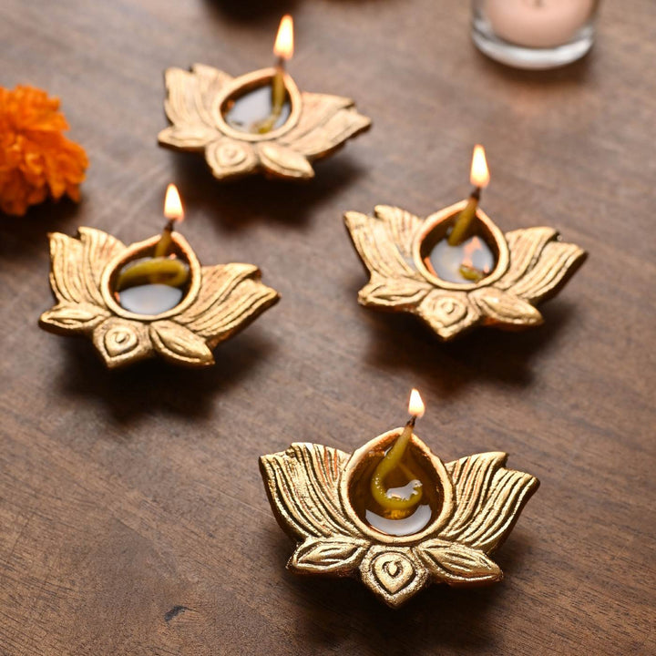 Handcrafted Metal Lotus Shaped Diyas | Set of 4