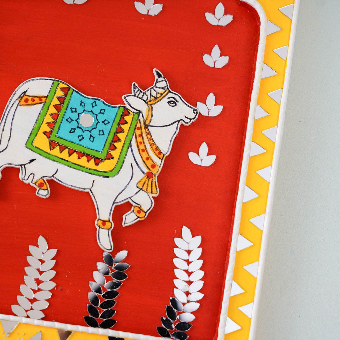 Handcrafted Red & Yellow Frame - Cow Traditional Lippan Art Jharokha Wall Art