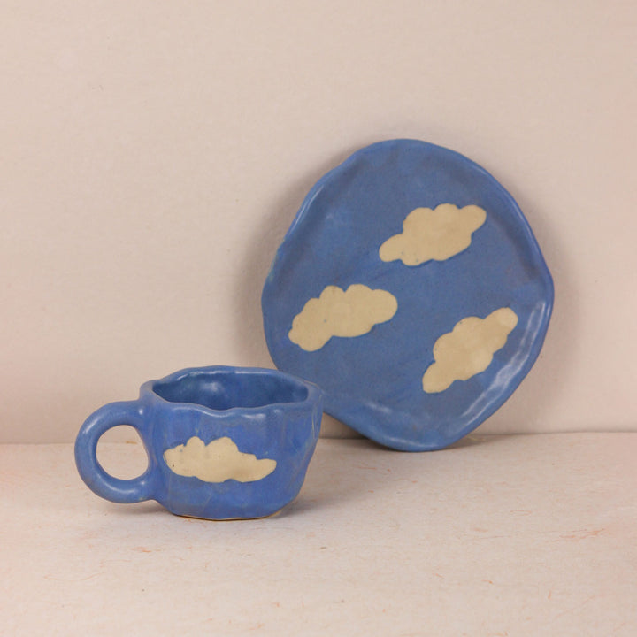 Handpainted Clouds Ceramic Mug & Saucer Set