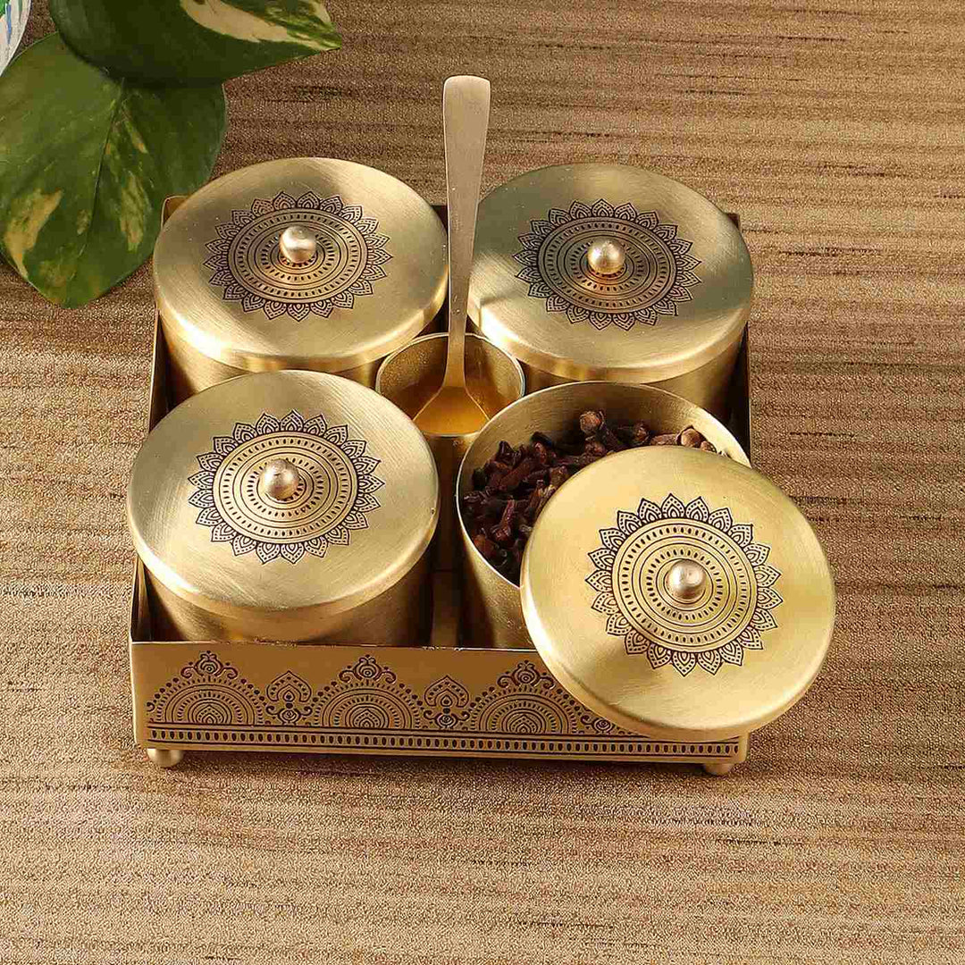 Dohar Handcrafted Brass Condiment Jars with Tray & Spoon