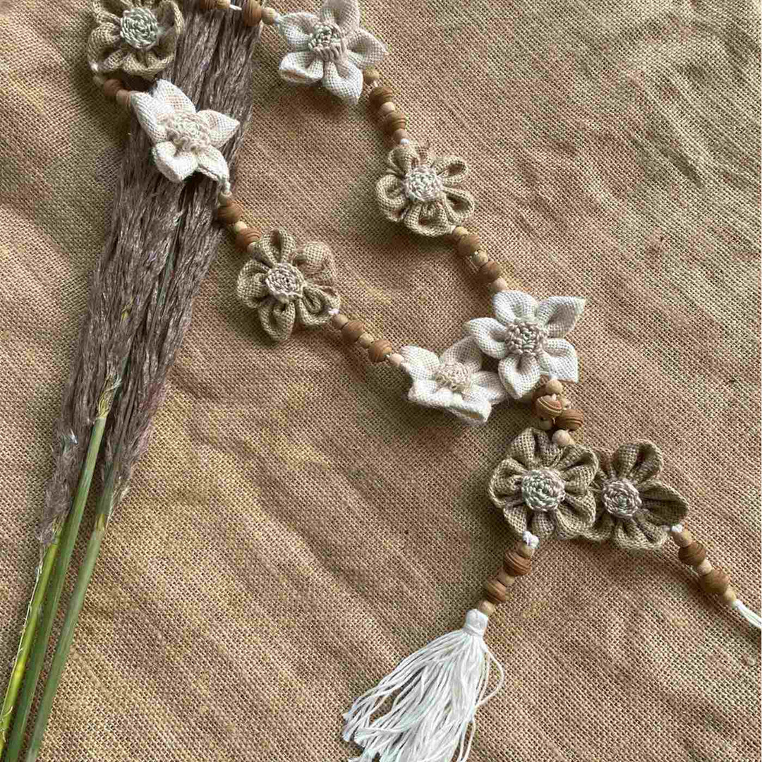 Handmade Jute & Wooden Bead Floral Hanging For Christmas Wall Decoration | Set Of 2