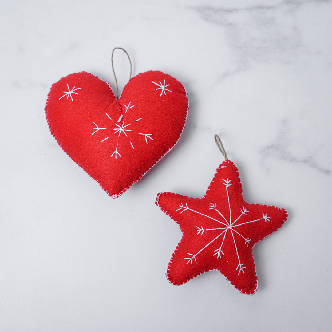 Embroidered Heart & Star Christmas Ornaments | Set of 4