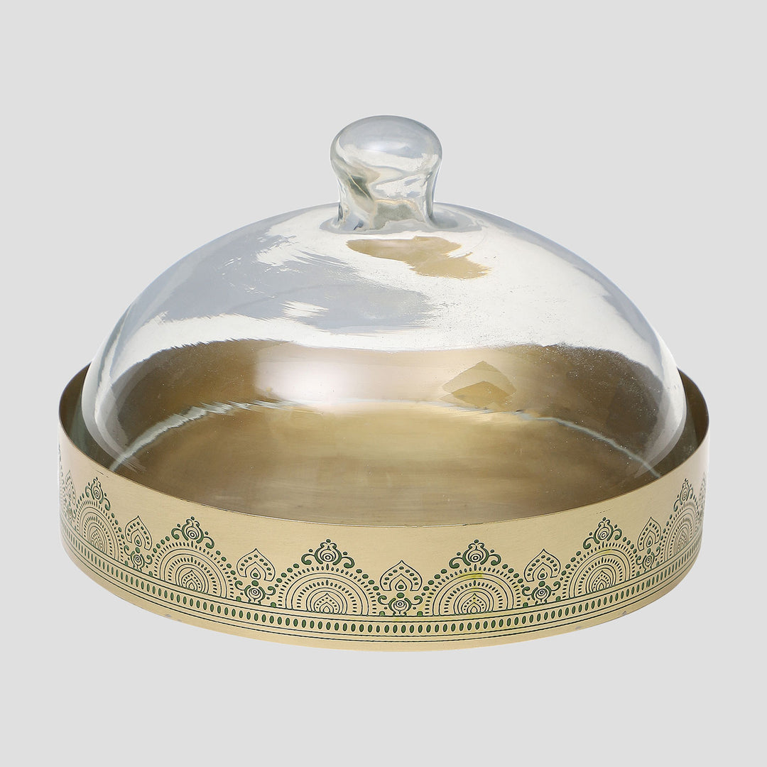 Dohar Handcrafted Brass Cookie & Cake Stand with Glass Cloche