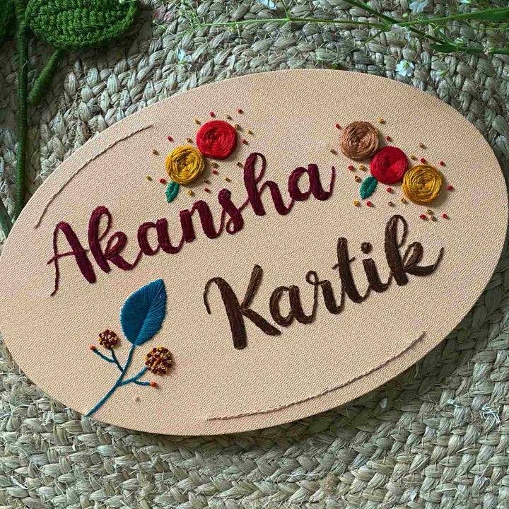 Personalized Hand Embroidered Canvas Oval Floral Name Plate