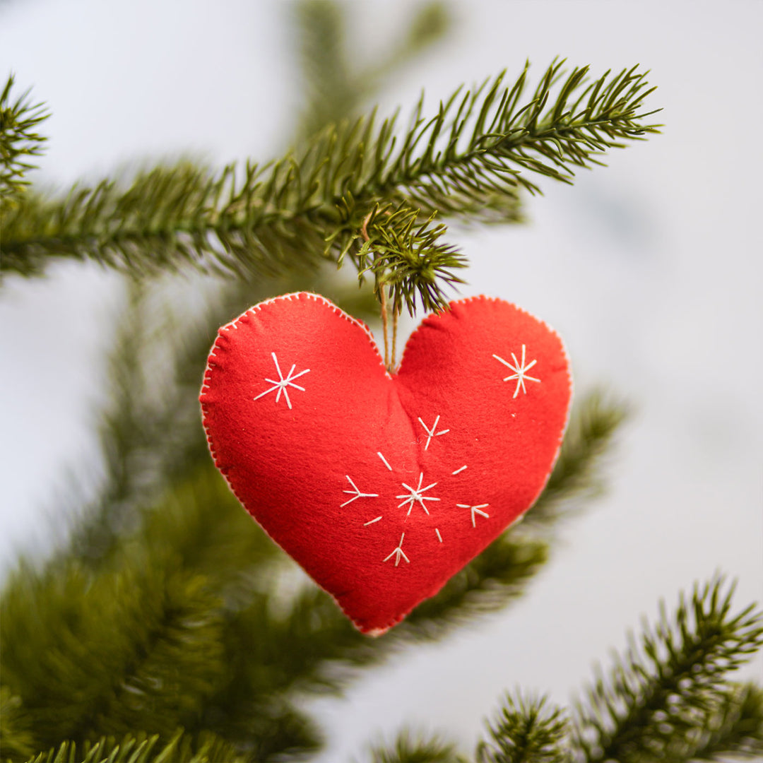 Embroidered Heart & Star Christmas Ornaments | Set of 4