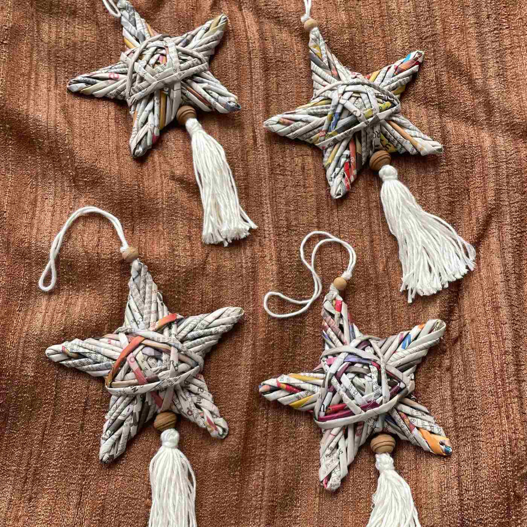 Handmade Upcycled Star Coiled Newspaper Ornaments For Christmas Tree Decoration | Set Of 4