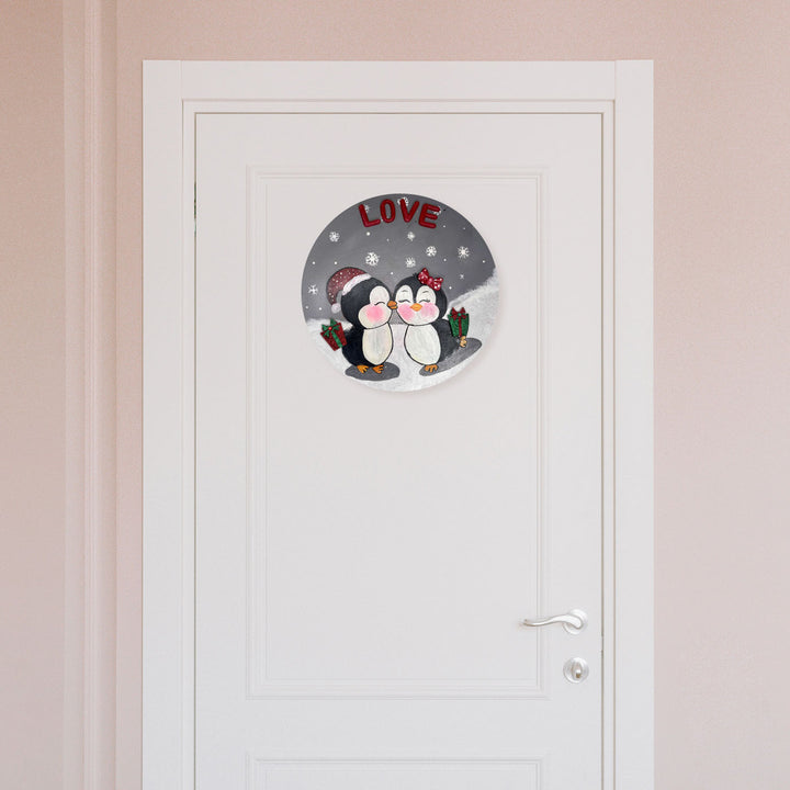 Hand-painted MDF Pengiun Couple Wall Hanging