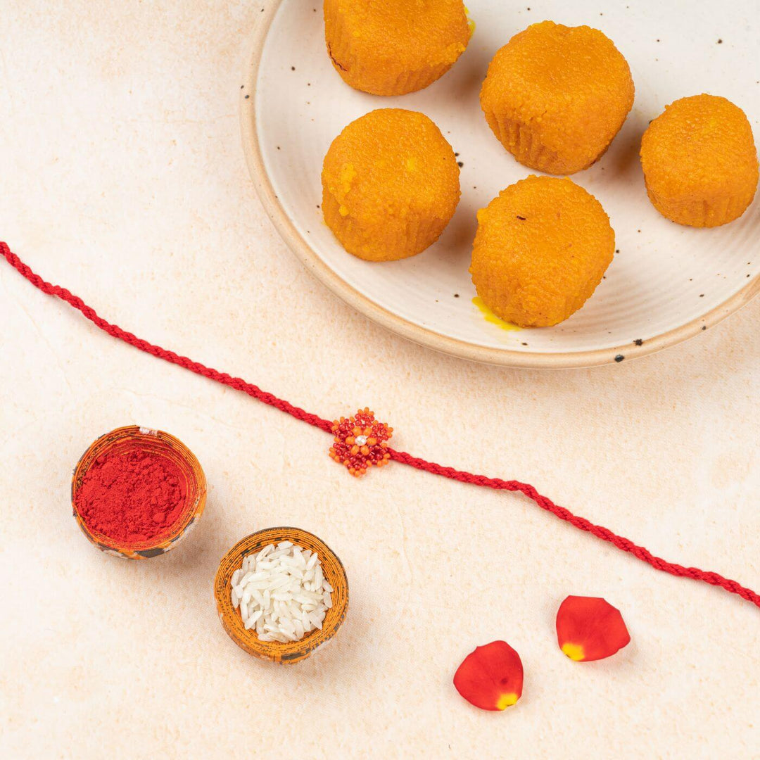 Handcrafted Glass Beads Sitara Rakhi With Roli Chawal