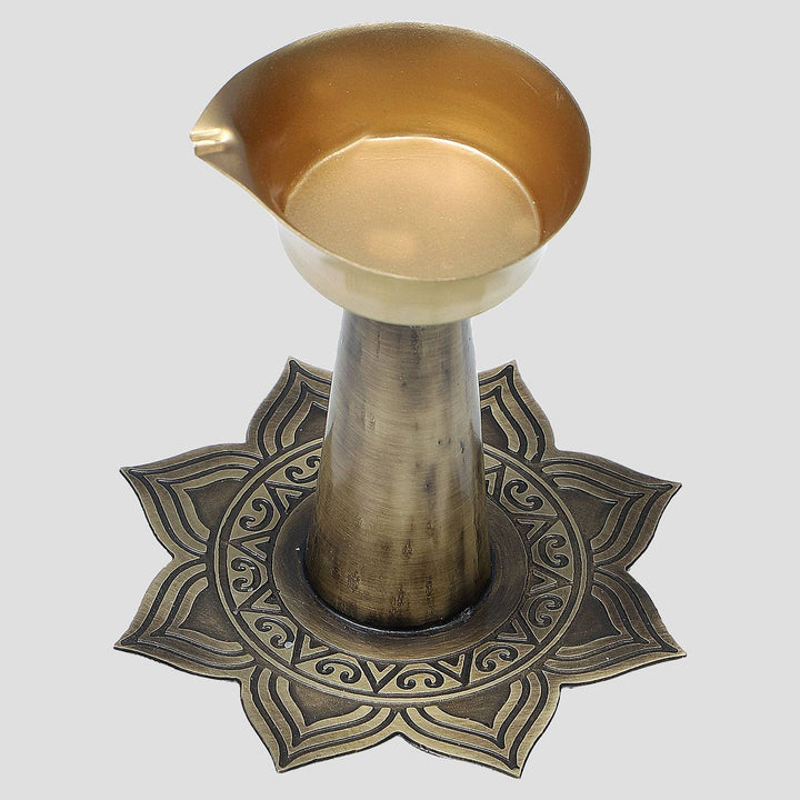 Alpana Handcrafted Antique Brass Diya with Stand