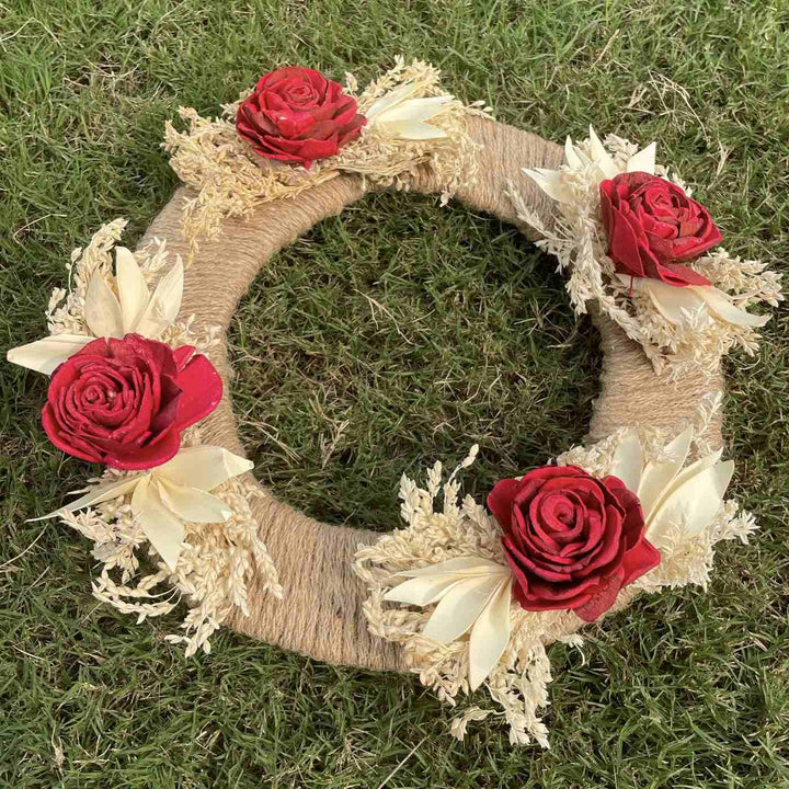 Handmade Jute & Paper Floral Wreath For Christmas Door Decoration