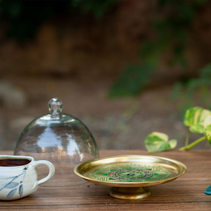 Utsav Handcrafted Brass Cake Stand with Glass Cloche