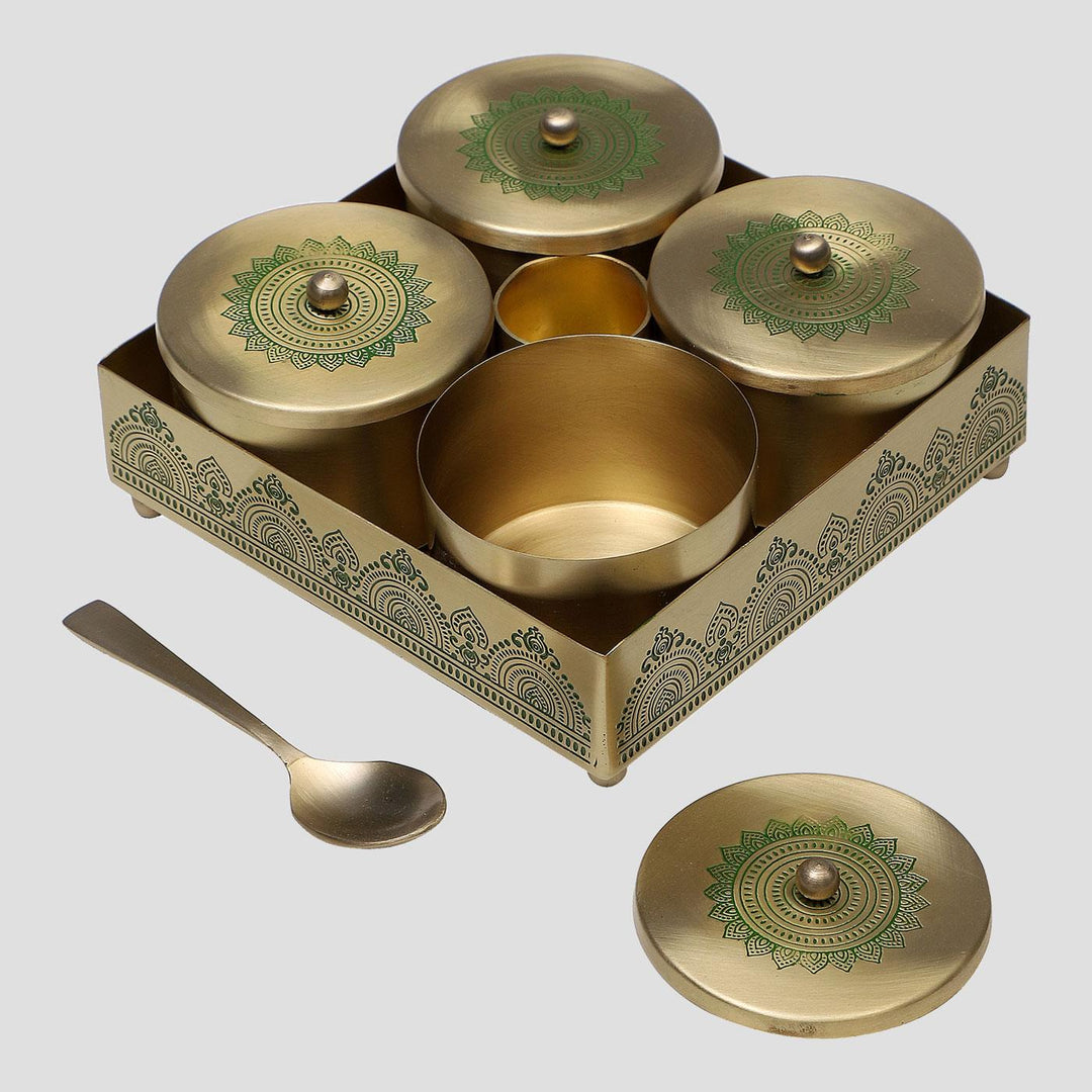 Dohar Handcrafted Brass Condiment Jars with Tray & Spoon