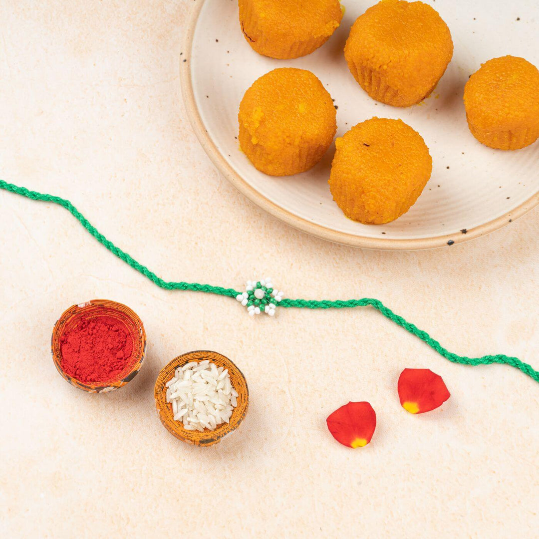 Handcrafted Glass Beads Tara Rakhi With Roli Chawal