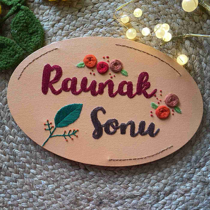 Personalized Hand Embroidered Canvas Oval Floral Name Plate