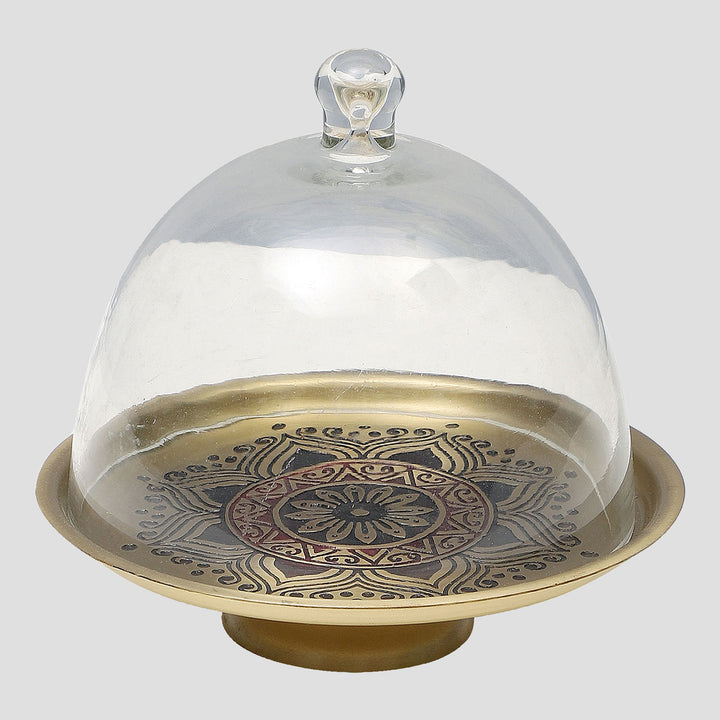 Utsav Handcrafted Brass Cake Stand with Glass Cloche