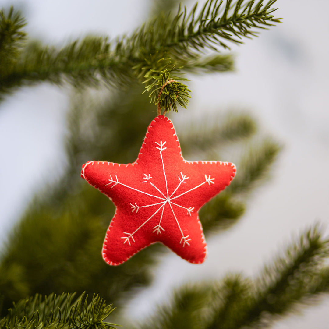 Embroidered Heart & Star Christmas Ornaments | Set of 4