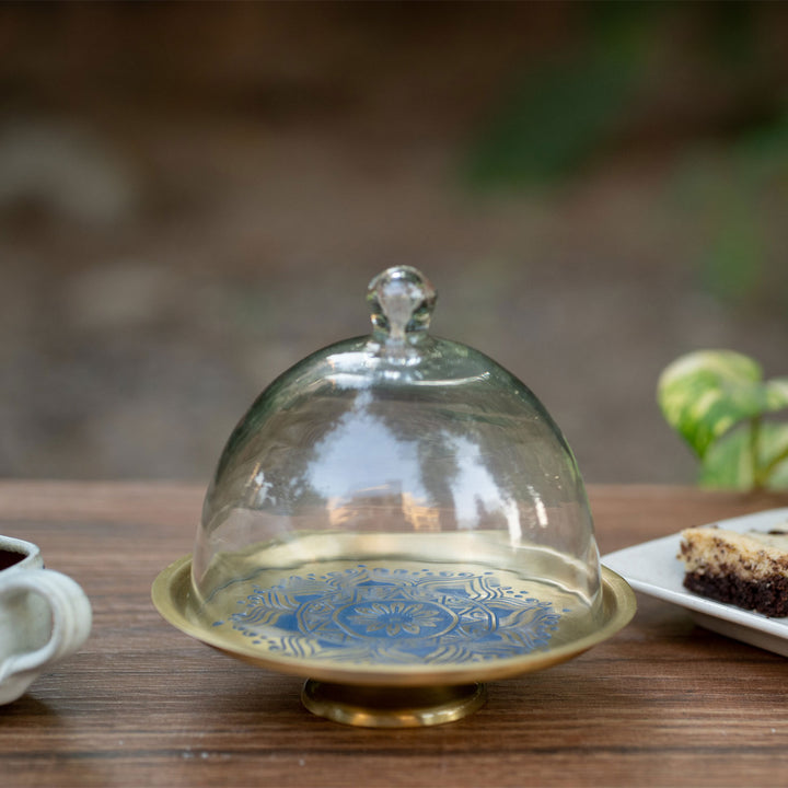 Utsav Handcrafted Brass Cake Stand with Glass Cloche