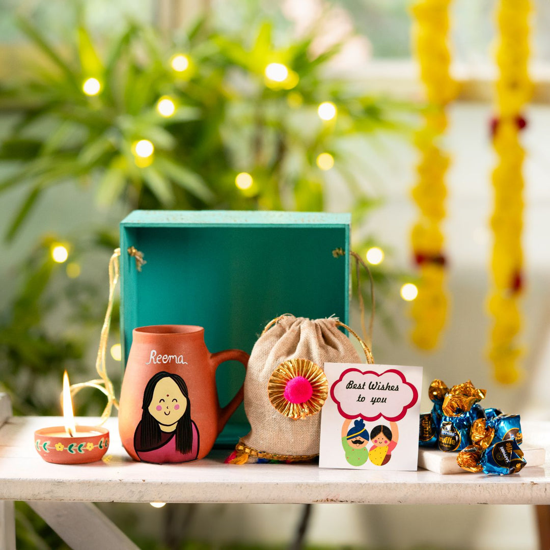 Handpainted Terracotta Caricature Mug Diwali Hamper