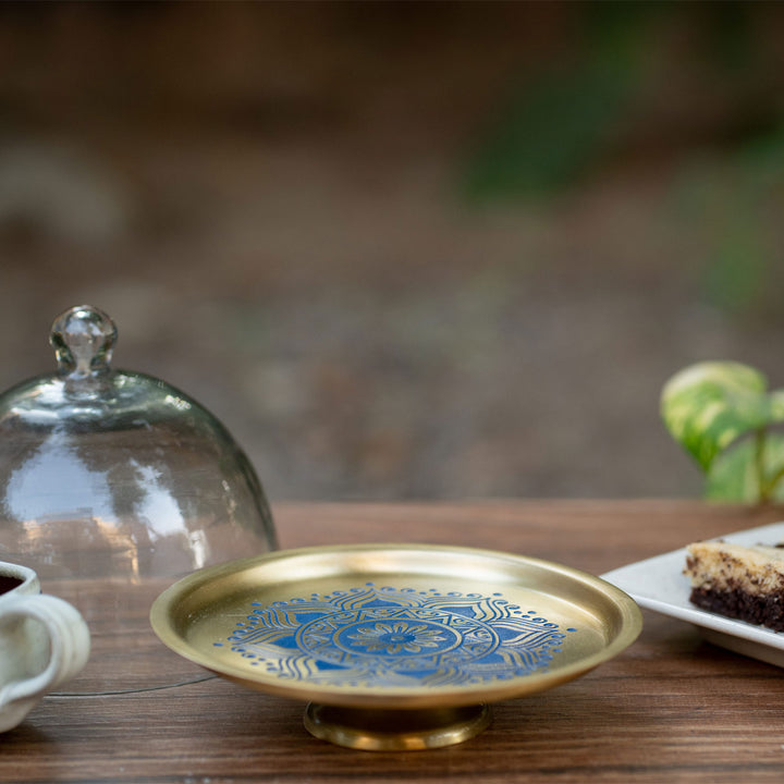 Utsav Handcrafted Brass Cake Stand with Glass Cloche