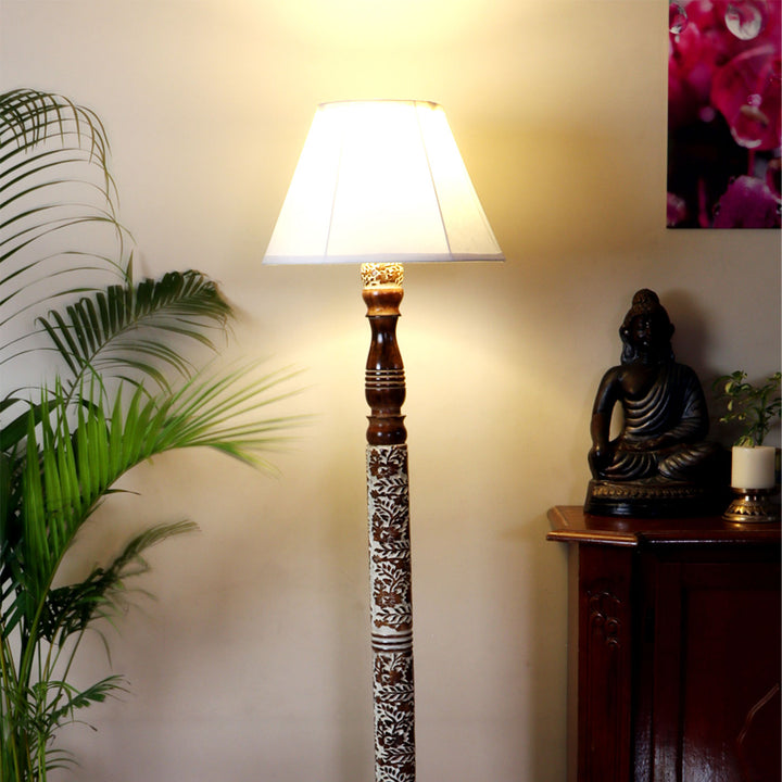 Chinar Hand-Carved Mango Wood & Cotton Floor Lamp