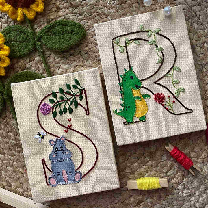 Personalized Hand Embroidered Canvas Initial Monogram Name Plate For Kids