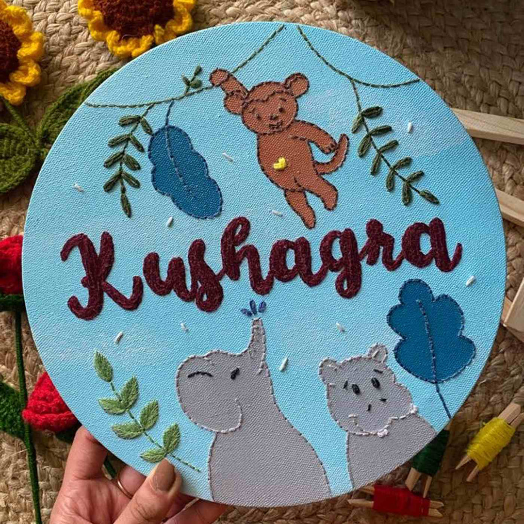 Personalized Hand Embroidered Canvas Jungle Themed Name Plate For Kids