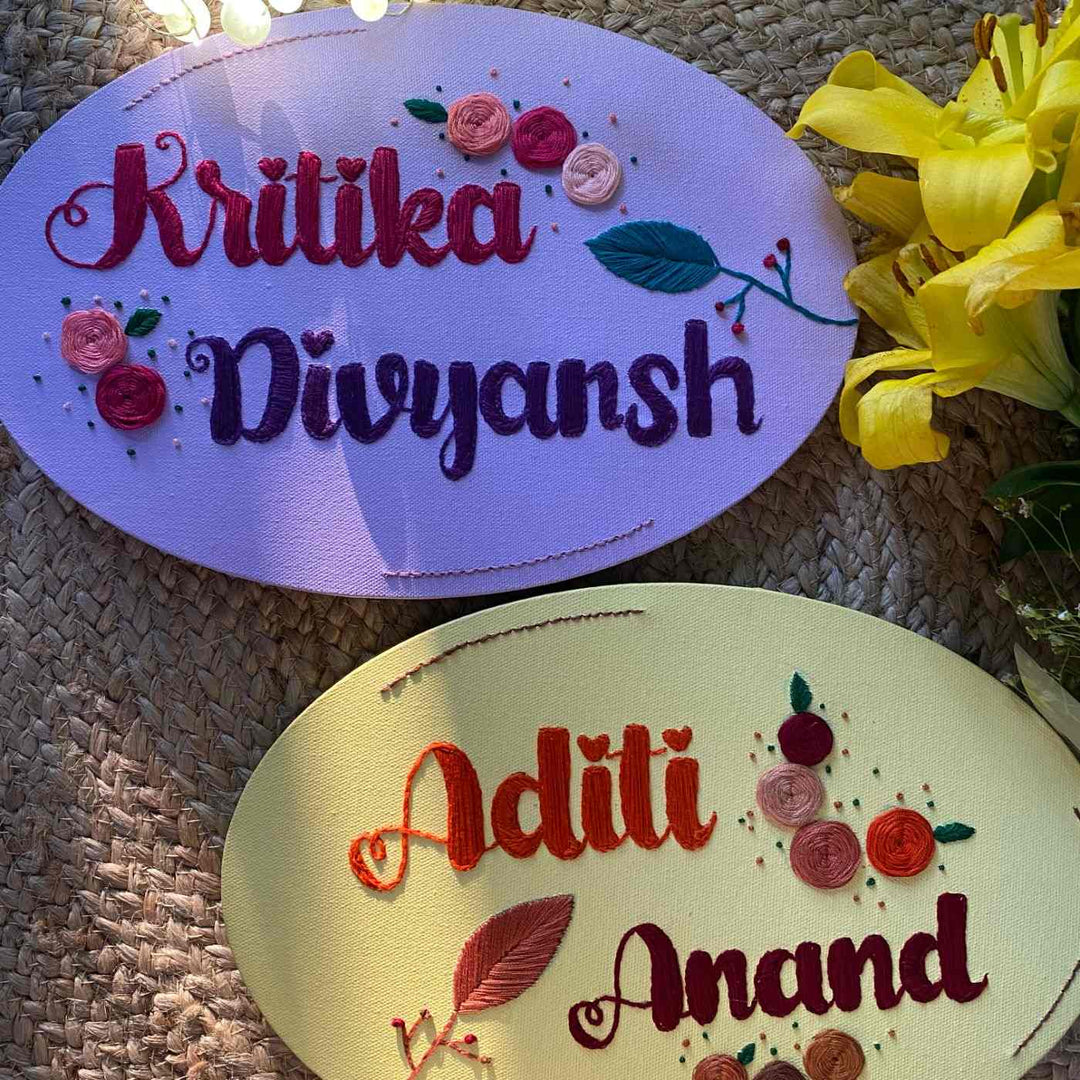 Personalized Hand Embroidered Canvas Oval Floral Name Plate