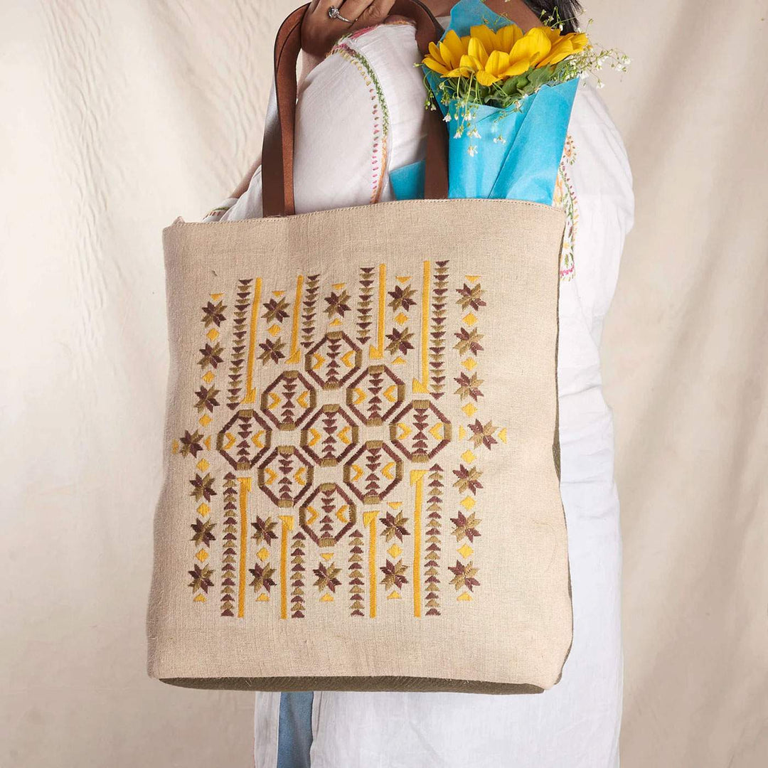 Hand Embroidered Phulkari Wasabi Tote Bag