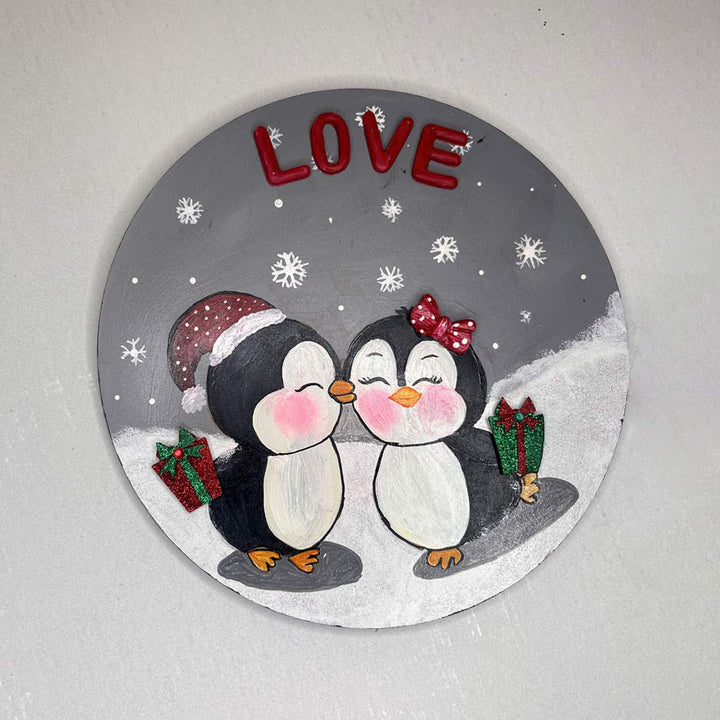 Hand-painted MDF Pengiun Couple Wall Hanging