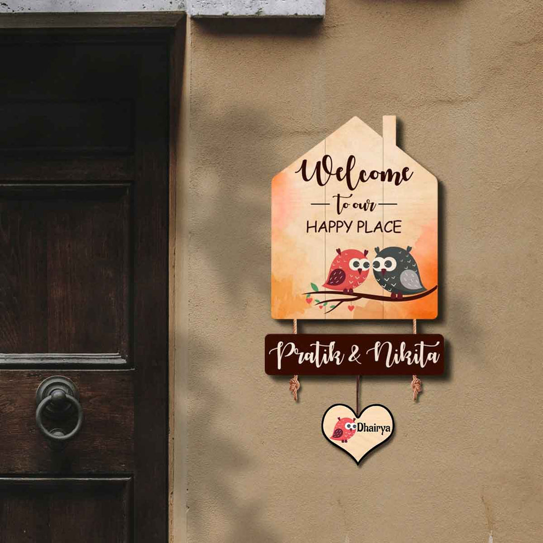 Printed Wooden House Shaped Owl Nameplate For Family